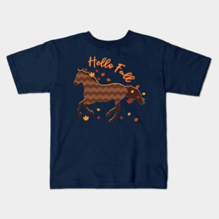 Hello Fall - Cute And Cozy Brown Chevron Autumn Horse Kids T-Shirt